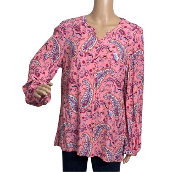 Talbots Band Collar Popover Top Plus 2Xp Pink Dancing Paisley Long Sleeve Blouse - Picture 15 of 16